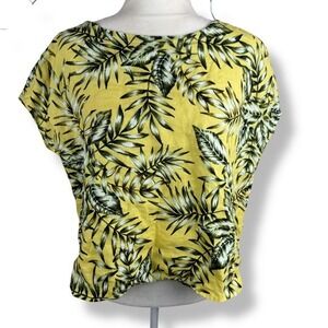 C&C 100% Linen Tropical Leaf Print Top Size Small Yellow Resort‎ Beachy AOP